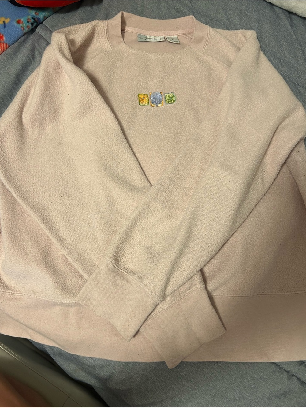 Pale Pink Crewneck Sweatshirt with Embroidered Square Motifs